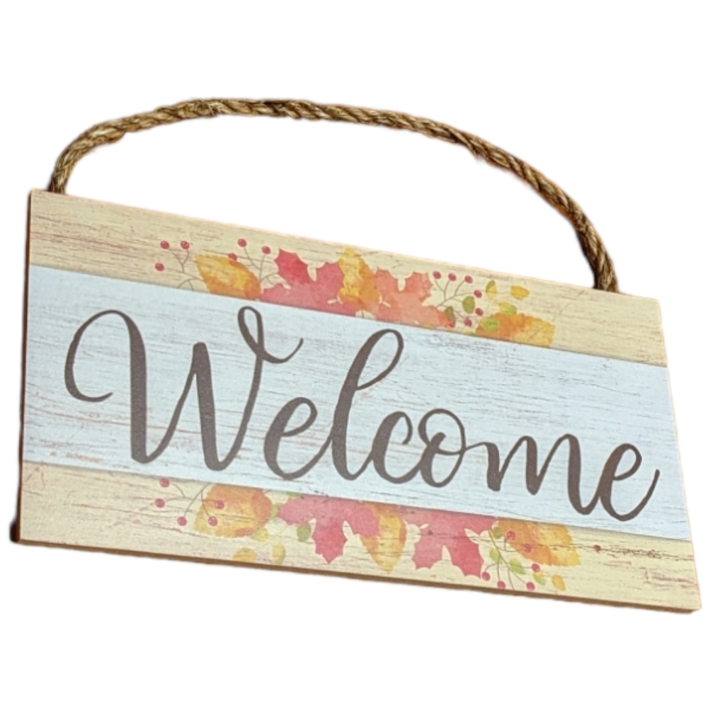 Wincraft Autumn Leaves Watercolor Style Wooden Welcome Sign with Rope Hanger